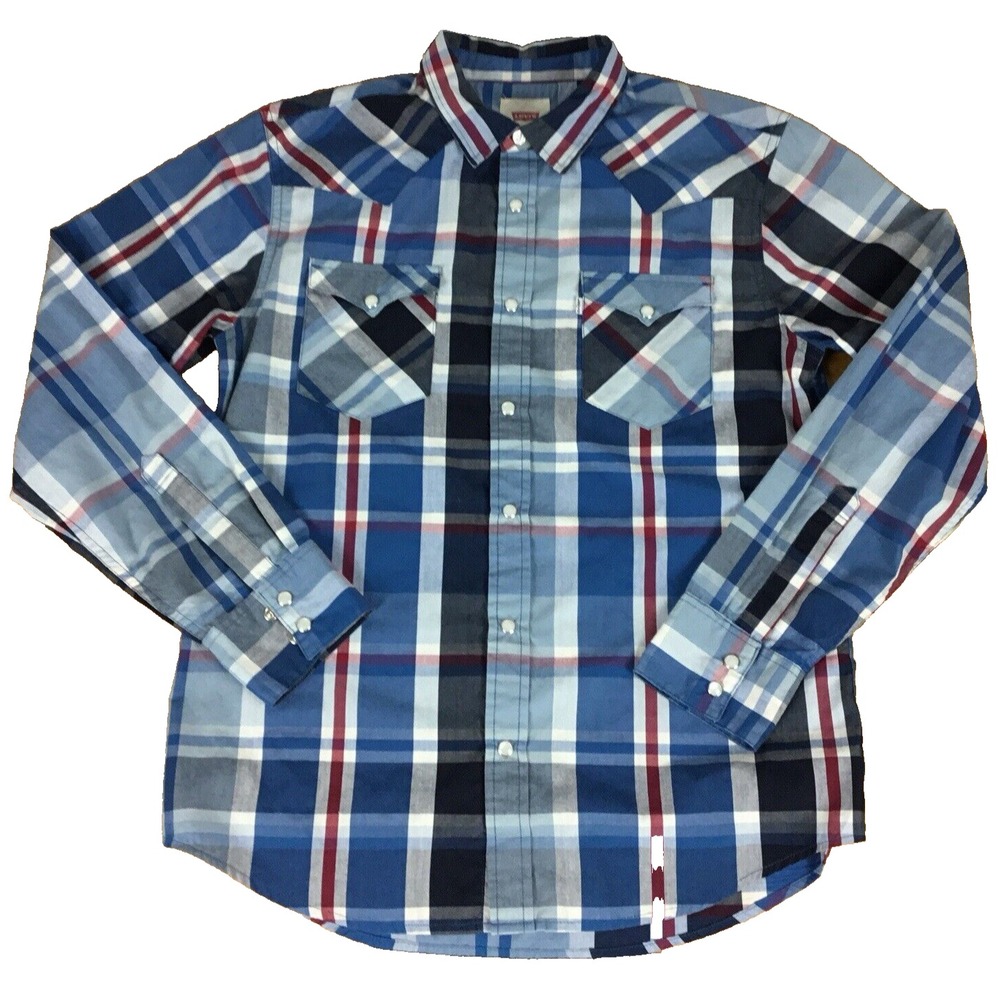 Levis Mens Medium Blue Plaid‎ Western Pearl Snap Long Sleeve Shirt 3LYLW5062